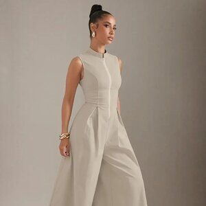 Ivory White Wide Leg Zip Up High Neck Jumpsuit